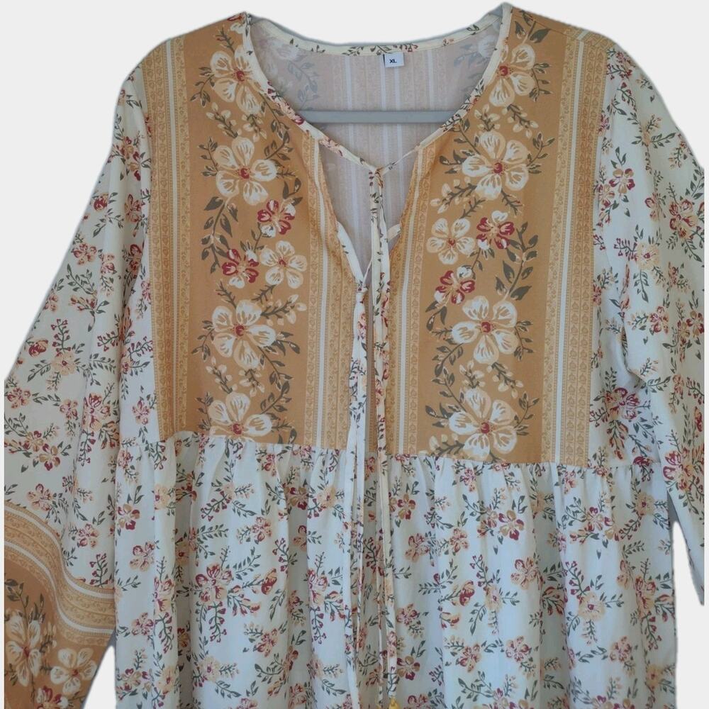 Boho Floral Peasant Tunic top/Dress XL Cream/Gold Cottagecore Festival Prairie - Picture 2 of 9